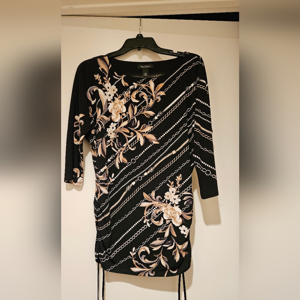 White House Black Market, classy black and gold top with elegant design pattern.